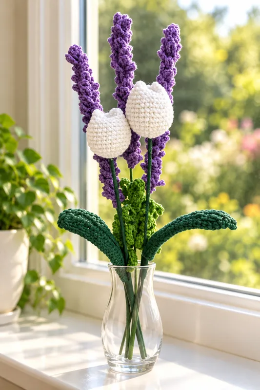 Crocheted lavender and white tulips in a glass vase by a sunny window