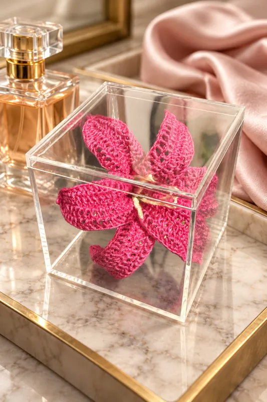A crocheted pink lily in a clear acrylic box on a marble tray