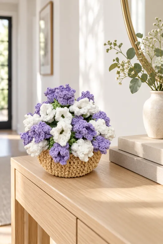 A crocheted basket of lilac and white flowers on a pale wooden console, by a mirror