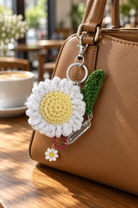 A crocheted daisy keychain clipped to a tan leather handbag