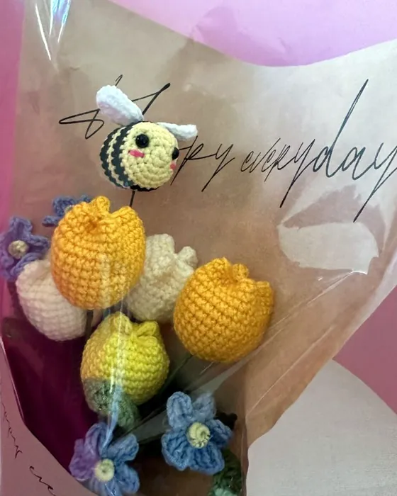 A bouquet of crocheted tulips